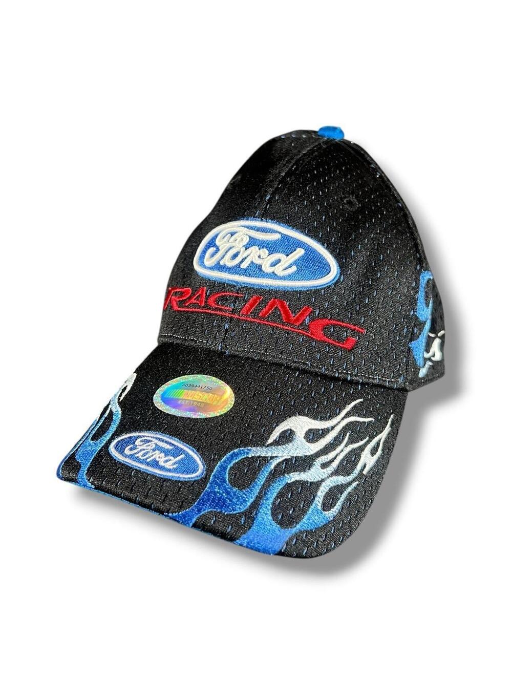 Vintage Deadstock Ford Racing NASCAR Black Blue Flame Embroidered Trucker Hat